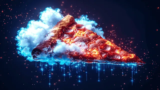 A pepperoni pizza slice floats on a glowing cloud amid neon digital particles in a dark sky.