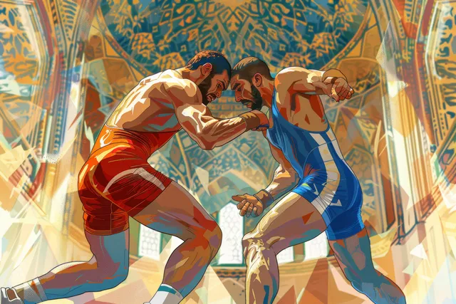 Iranian freestyle wrestlers grapple in a 86 kg match inside a richly tiled Persian interior.