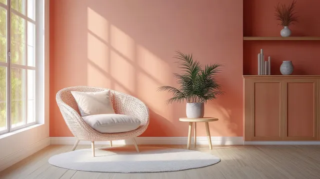 Peach minimalist living room with wicker armchair, side table vase, and window sunlight casting shadows.