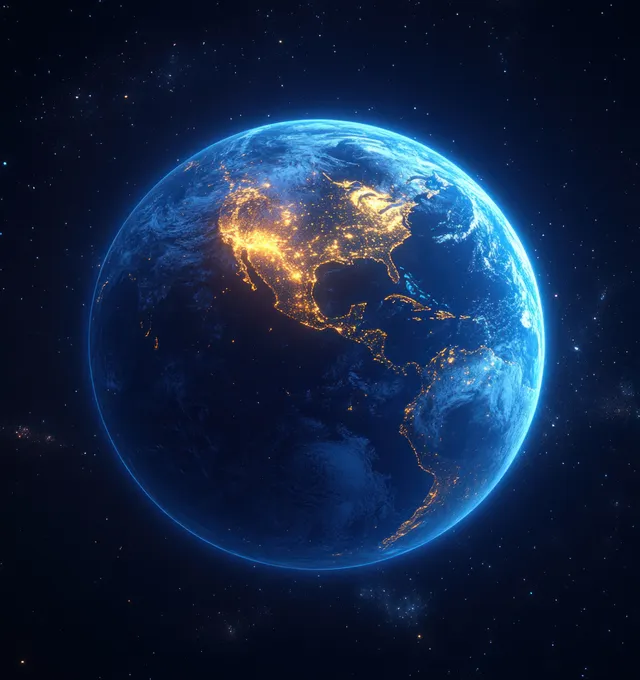 Glowing Earth globe showing Australia with neon city lights against deep space backdrop