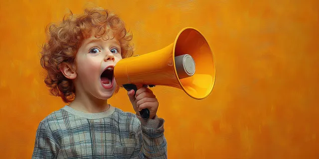 Curly-haired child shouting into a bright orange megaphone against an orange background.