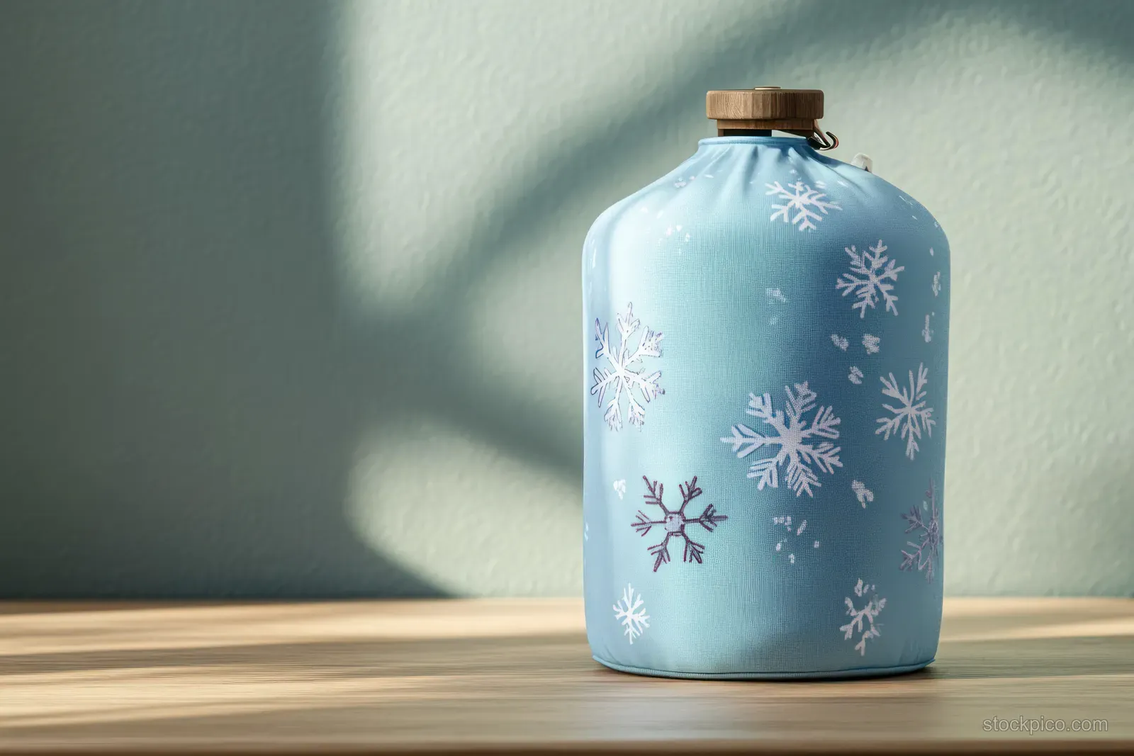 Blue insulated water bottle with white snowflakes and a wooden lid standing on a wooden table.