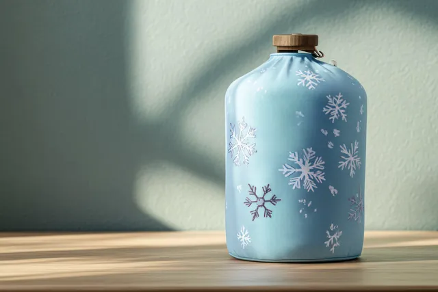 Blue insulated water bottle with white snowflakes and a wooden lid standing on a wooden table.