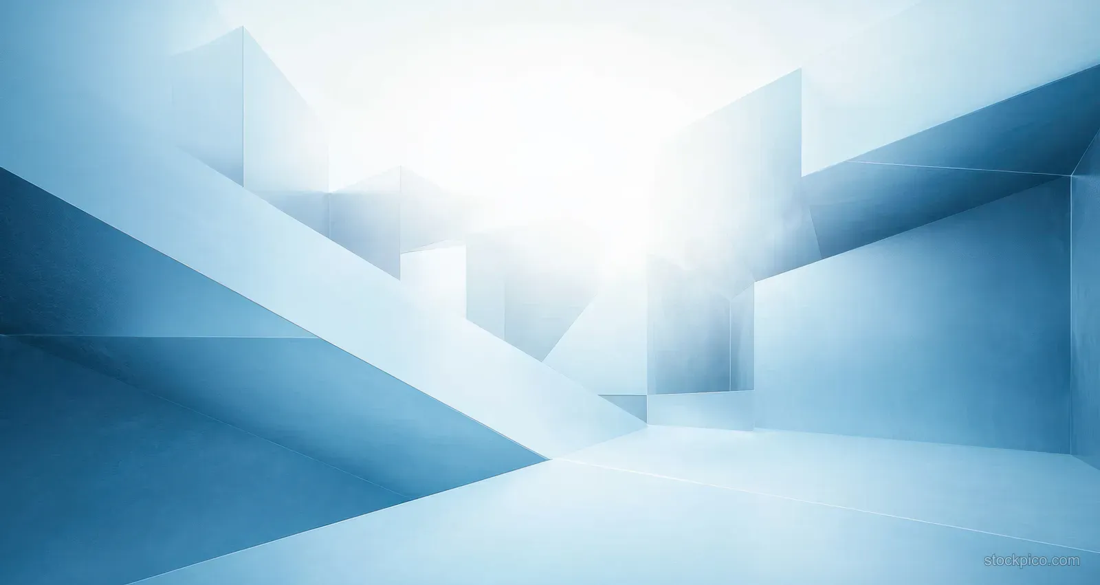 Abstract blue and white geometric corridor with sharp angles converging toward a bright vanishing point.