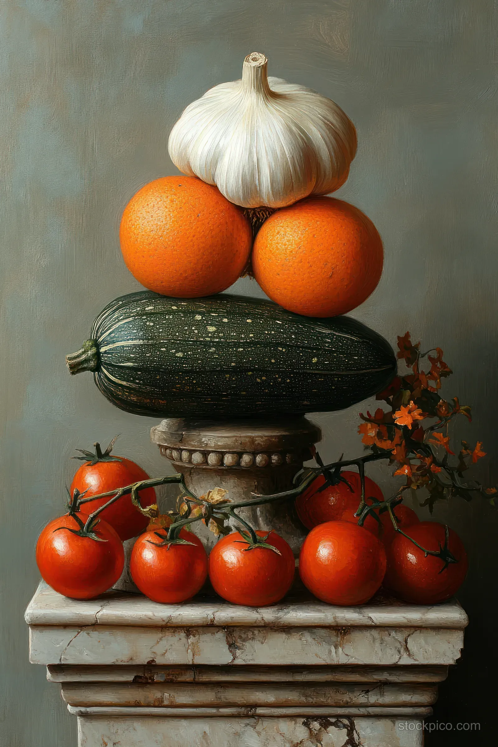 Garlic bulb sits on a stone pedestal with tomatoes and oranges arranged against a dark background.