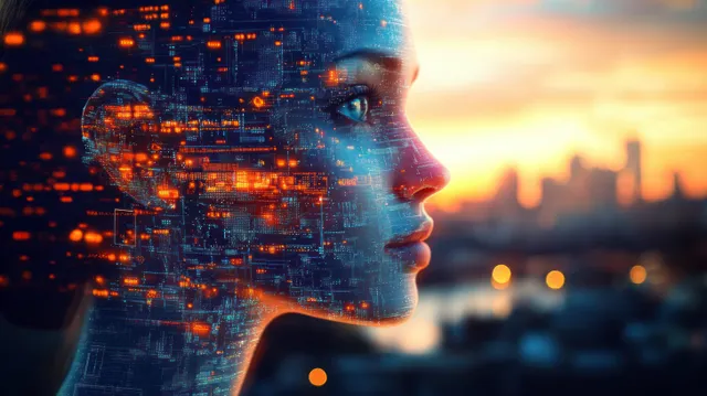 Futuristic profile of a human face overlaid with glowing orange-blue digital circuit lines
