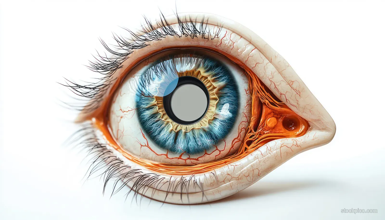 Macro close-up of a blue human eye with light reflections, detailed iris patterns, vessels, and eyelashes.
