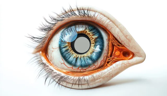 Macro close-up of a blue human eye with light reflections, detailed iris patterns, vessels, and eyelashes.