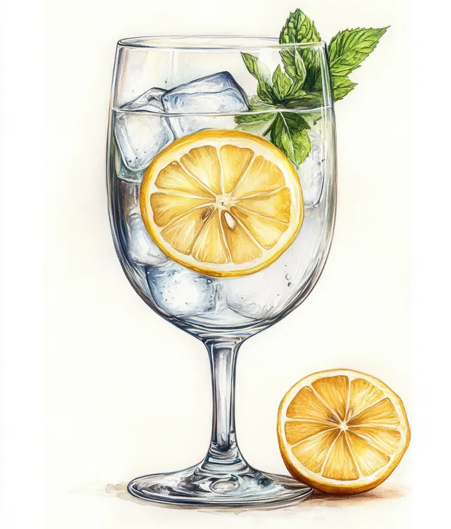 Lemon mint iced drink in a clear glass with visible ice cubes and citrus slices