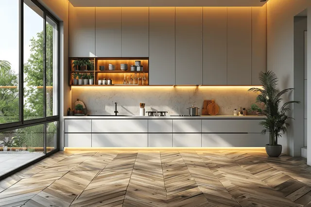 Modern kitchen interior with white cabinets, under-cabinet lights, herringbone wood flooring, and bright large windows.