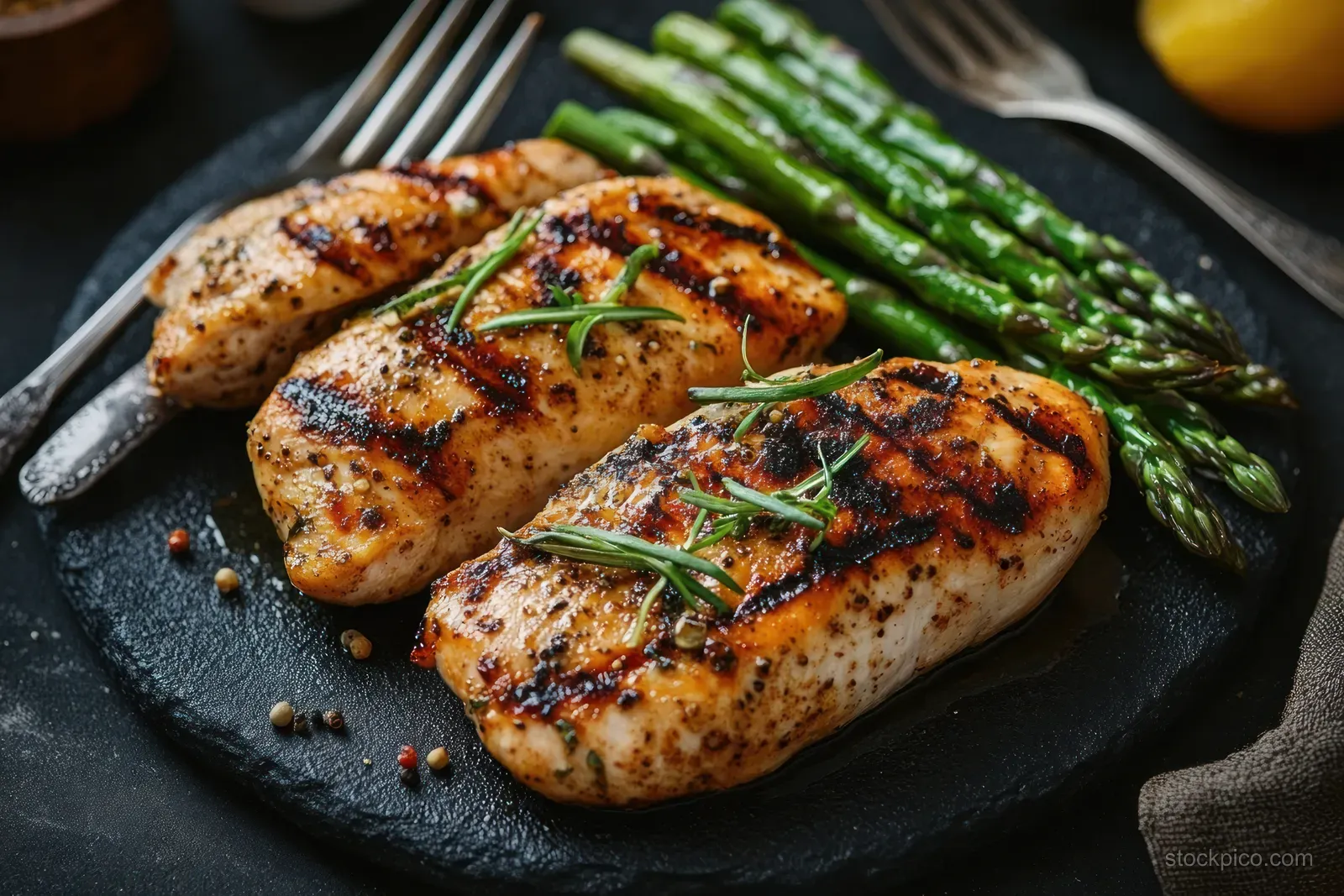 Grilled herb chicken breasts with char marks served with asparagus on a dark plate.