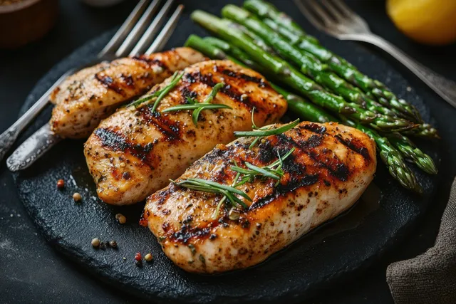 Grilled herb chicken breasts with char marks served with asparagus on a dark plate.