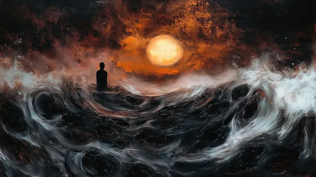 A lone silhouette stands on churning dark waves under a glowing orange sun in a stormy sky.