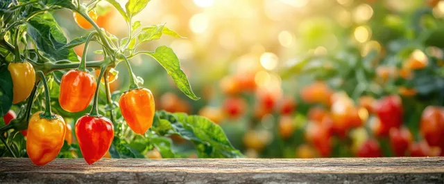 Orange and yellow chili peppers hanging on green stems over rustic wooden table bokeh