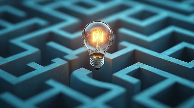 Glowing light bulb floating above a blue maze with glowing pathways and arrows