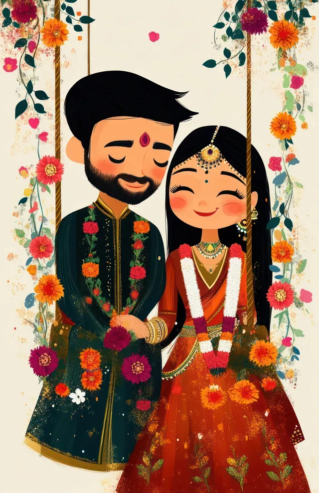 Smiling couple in traditional attire holding hands on a floral swing surrounded by colorful flowers and greenery.