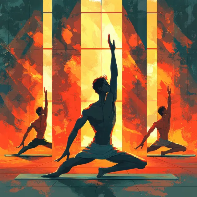 Cartoon man in a yoga prayer pose sits on a mat with sunrise light and flames behind him.