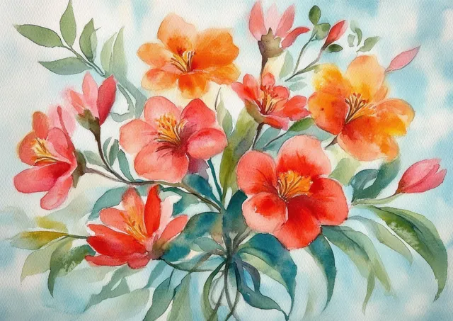 Watercolor orange and red flowers with green leaves on soft blue background with Botanical Illustration