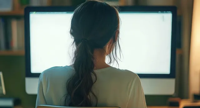 Woman in back view using glowing computer monitor from dim home office desk