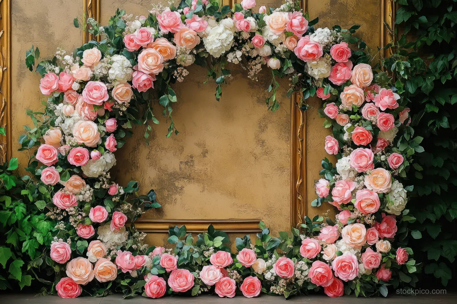 Pink and white rose floral arch with green foliage surrounds a textured beige wall window opening.