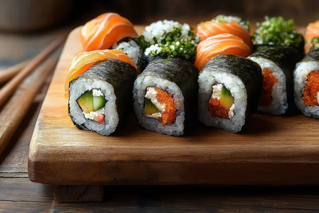 Assorted sushi rolls on a wooden board with salmon, cucumber, fish roe, and seaweed wrapping visible in close-up.