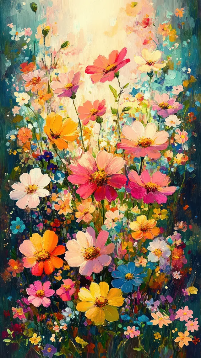 Colorful wildflower meadow glowing in warm sunlight with dense blossoms