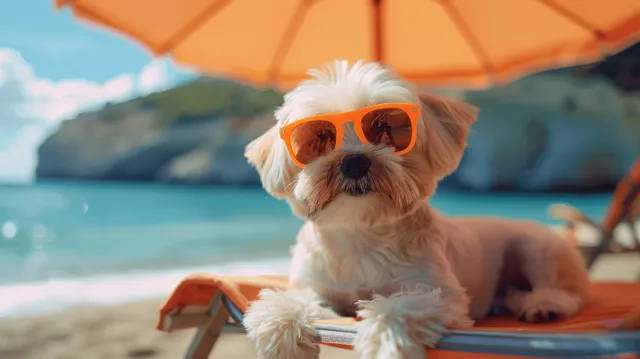 Cute white Shih Tzu lounges on a beach chair wearing orange sunglasses