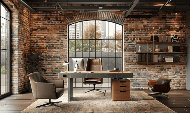 Industrial home office interior with desk, leather chairs, exposed brick walls, and arched floor-to-ceiling windows.