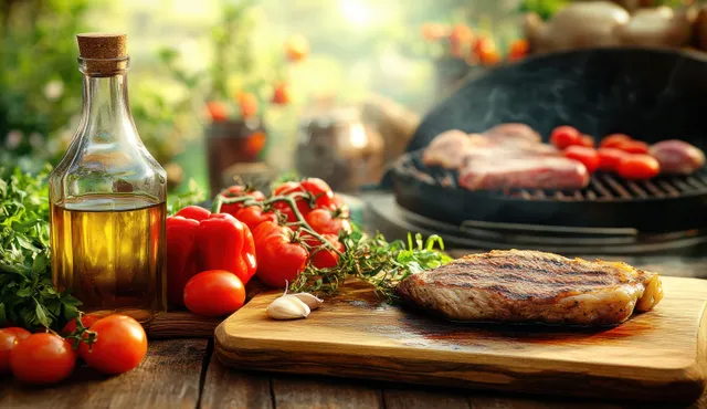 Grilled steak on a wooden cutting board with tomatoes, red bell peppers, herbs, garlic, and olive oil, with a smoky grill behind.
