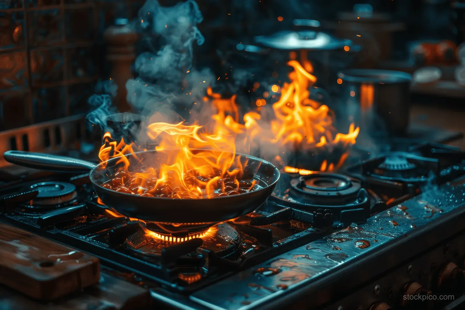 A skillet on a gas stove bursts with orange flames and blue smoke in a smoky kitchen.