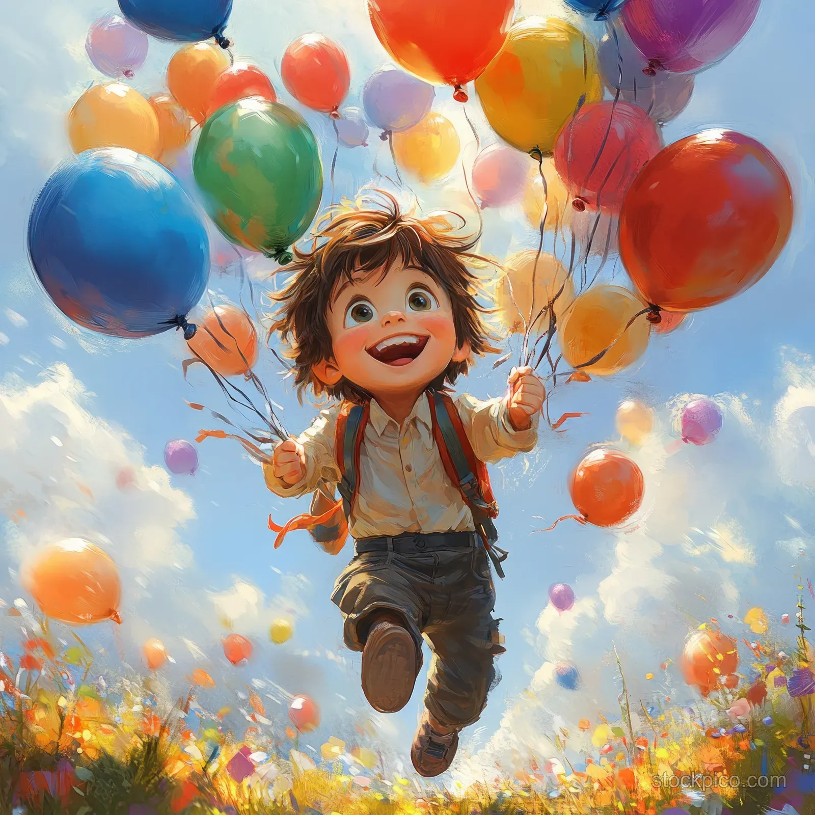 A smiling boy runs outdoors in a meadow while colorful balloons float above him against the sky.