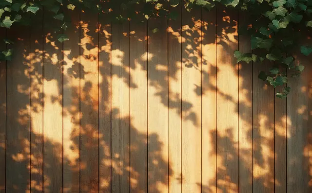 Sunlit wooden fence with ivy spilling over the top and leafy shadows cast across vertical planks.