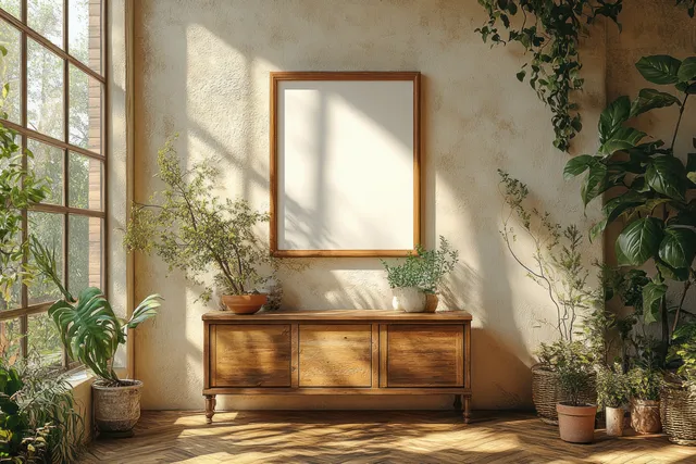 Sunlit living room corner with a wooden sideboard, potted plants, and a blank framed picture on the wall.