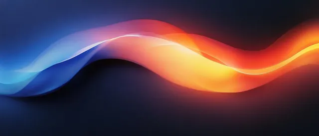 Glowing blue and orange wave ribbons flow through a dark gradient background