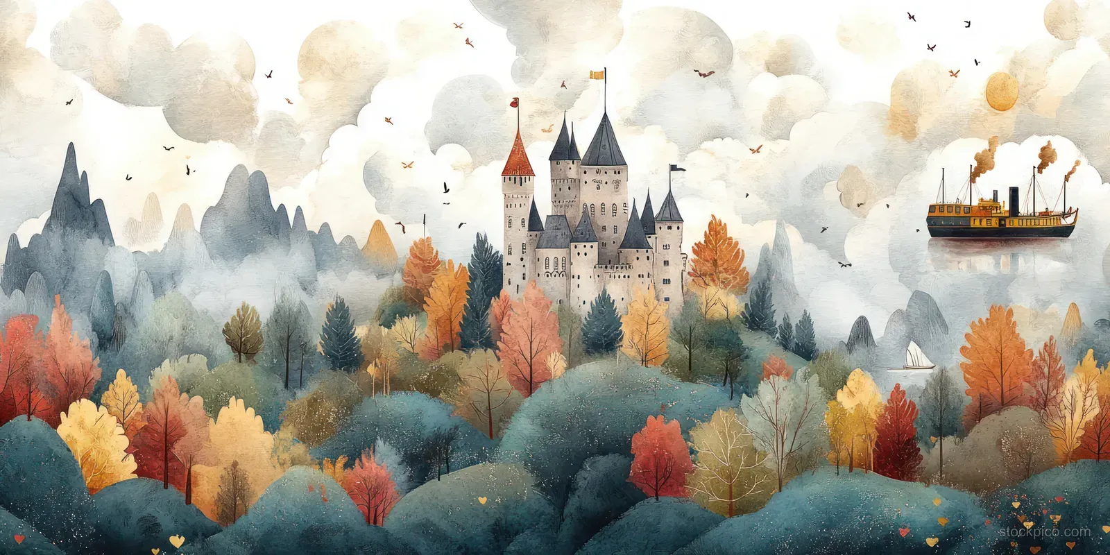 A fairy-tale castle stands on misty hills as a small steamship sails on a calm lake beneath soft clouds.