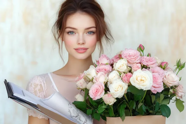 Young woman holding pink and white roses and an open book, soft smile portrait