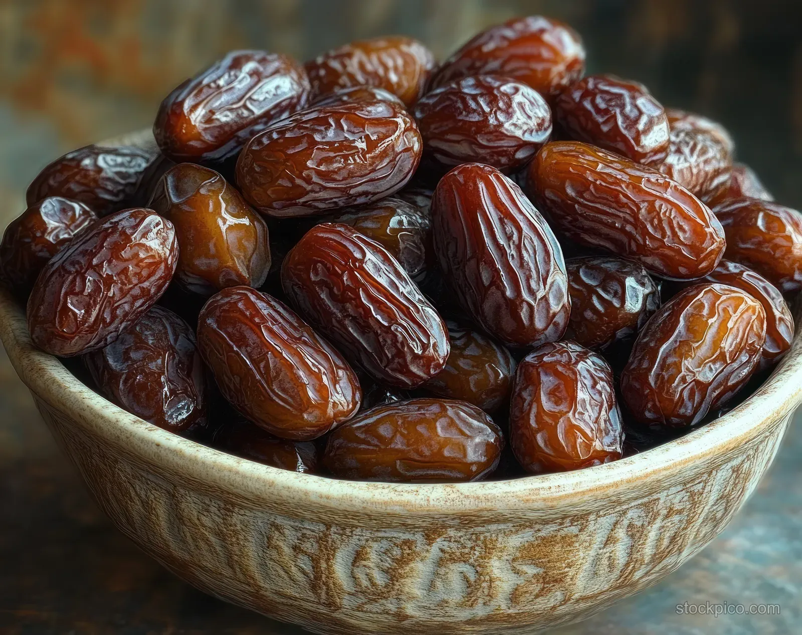 A wooden bowl filled with glossy wrinkled dates in warm natural light.