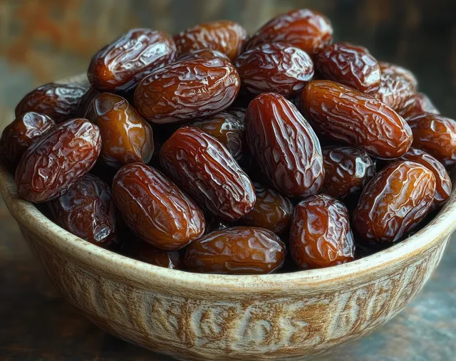A wooden bowl filled with glossy wrinkled dates in warm natural light.