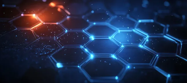 Glowing blue hexagon network with futuristic digital connection lines on dark background