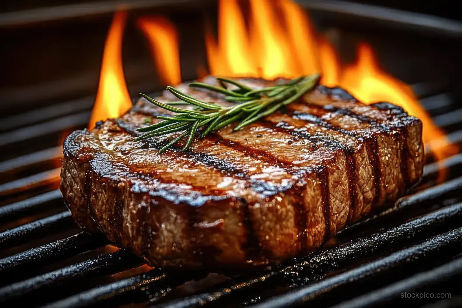Thick steak with rosemary sits on a barbecue grill while flames glow behind it.