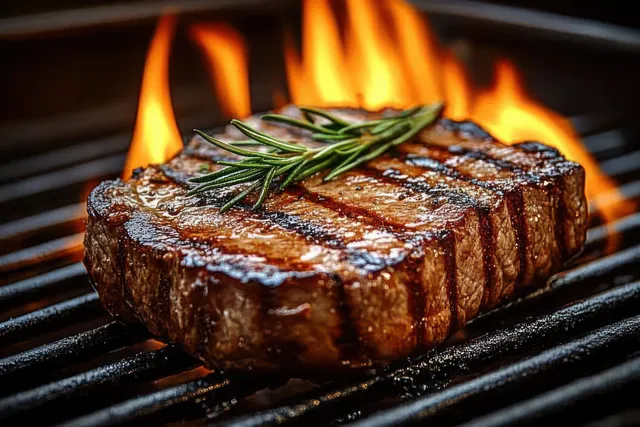 Thick steak with rosemary sits on a barbecue grill while flames glow behind it.
