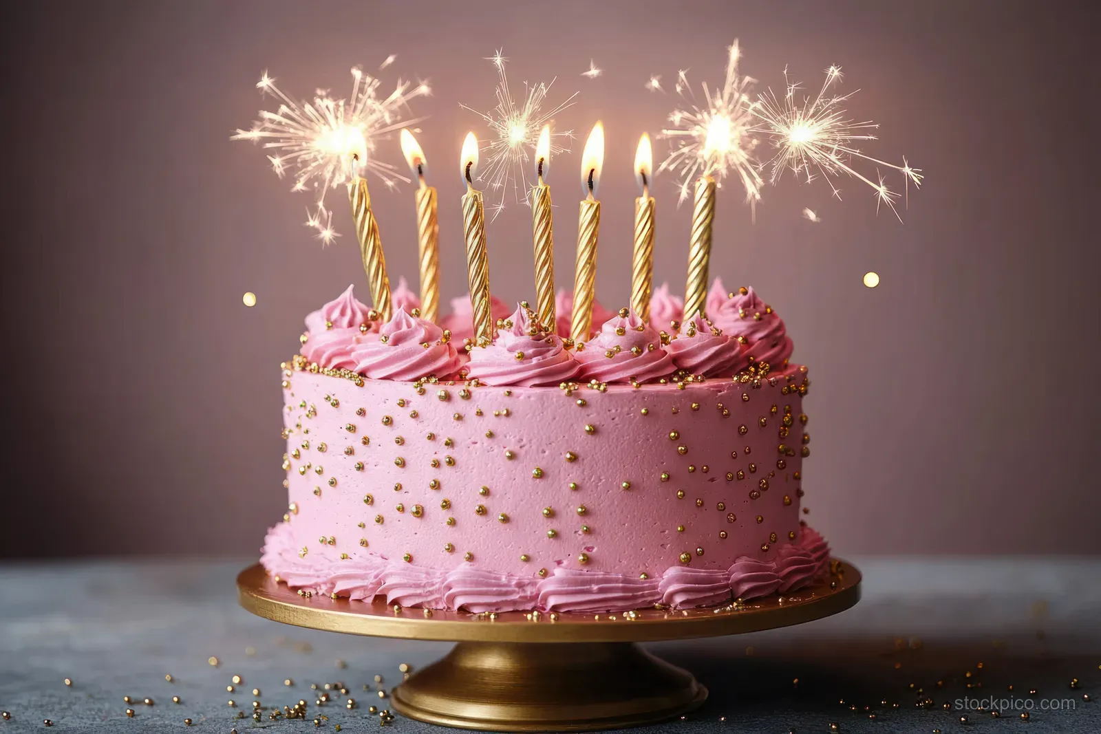 Pink frosted birthday cake with golden sprinkles sits on a golden stand, with six lit candles and sparklers glowing.