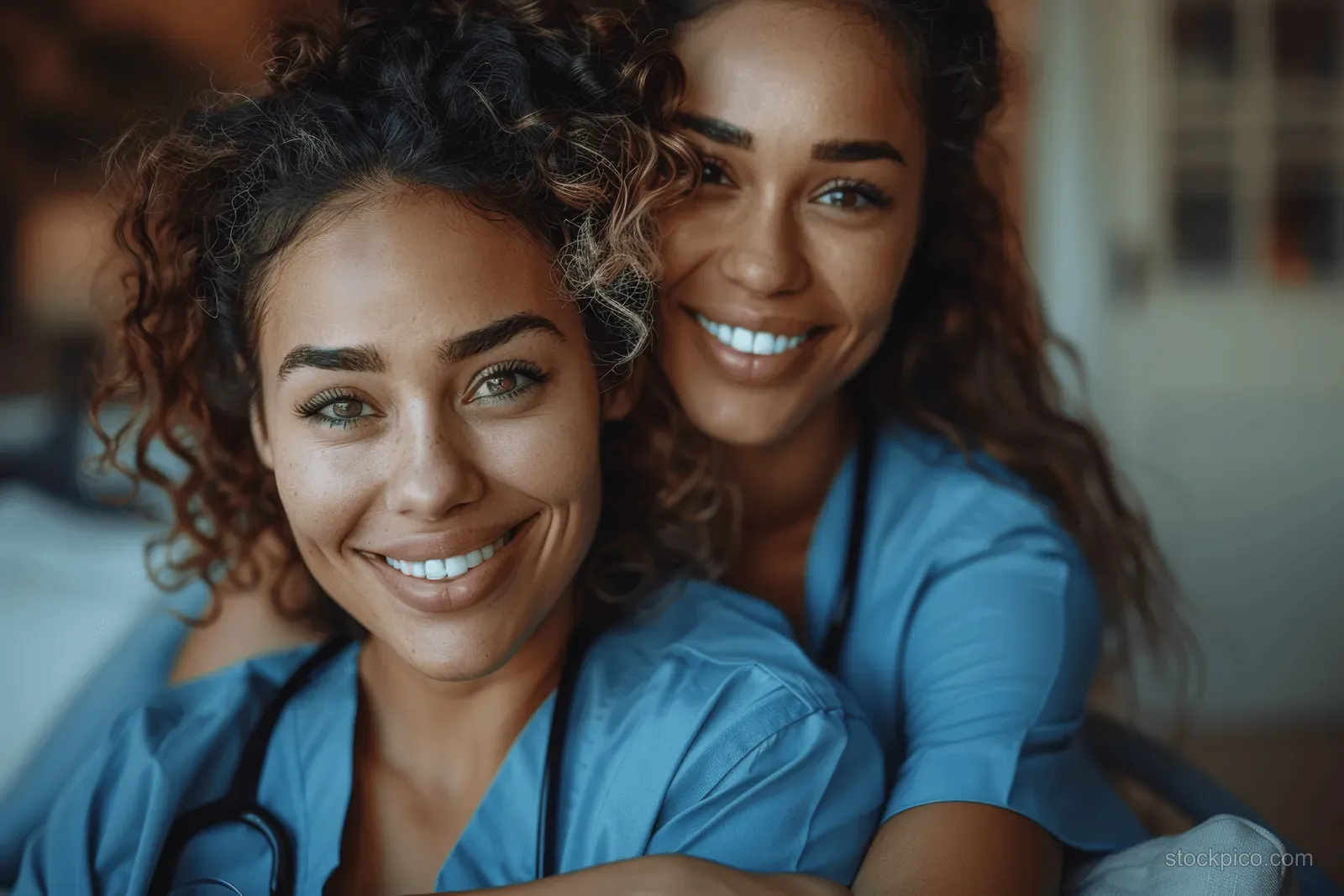 A smiling elderly patient and nurse in blue scrubs pose together during an indoor home care visit.