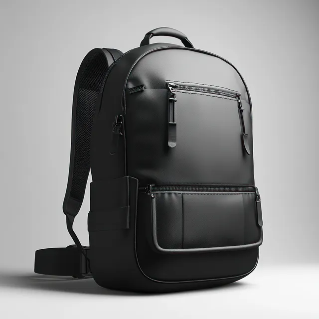 A front view of a black school backpack mockup with zipper pockets isolated on a white background.
