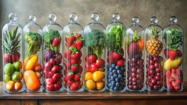 Assorted fruits packed in tall clear glass jars on a wooden table with a neutral background.