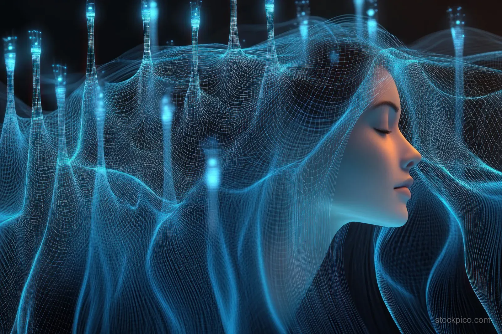 Bioluminescent scalp follicle mesh with glowing serum drop overlay on a dark gradient background.