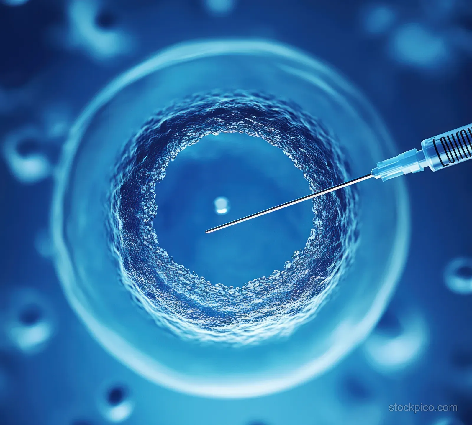 A blue spherical cell is surrounded by blurred particles as a needle tip approaches for microinjection under a microscope.