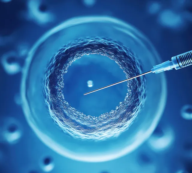 Blue spherical cell under microscope with injection needle approaching in lab microenvironment