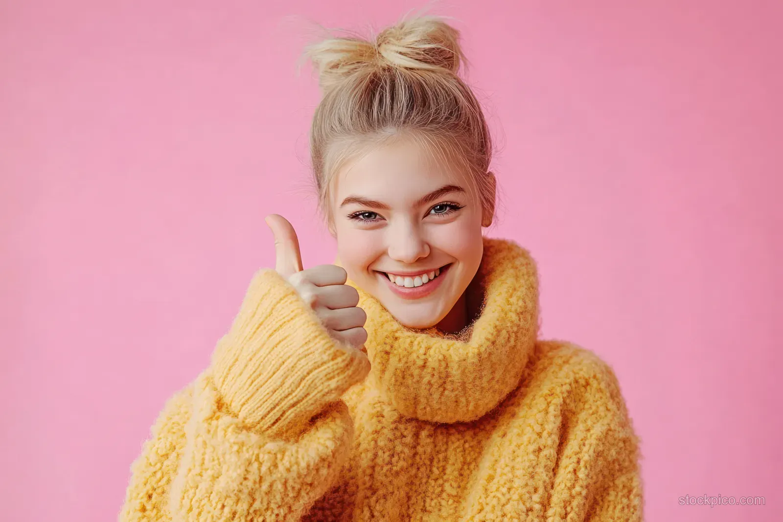 Smiling young woman in a yellow sweater gives a thumbs-up gesture against a solid pink background.