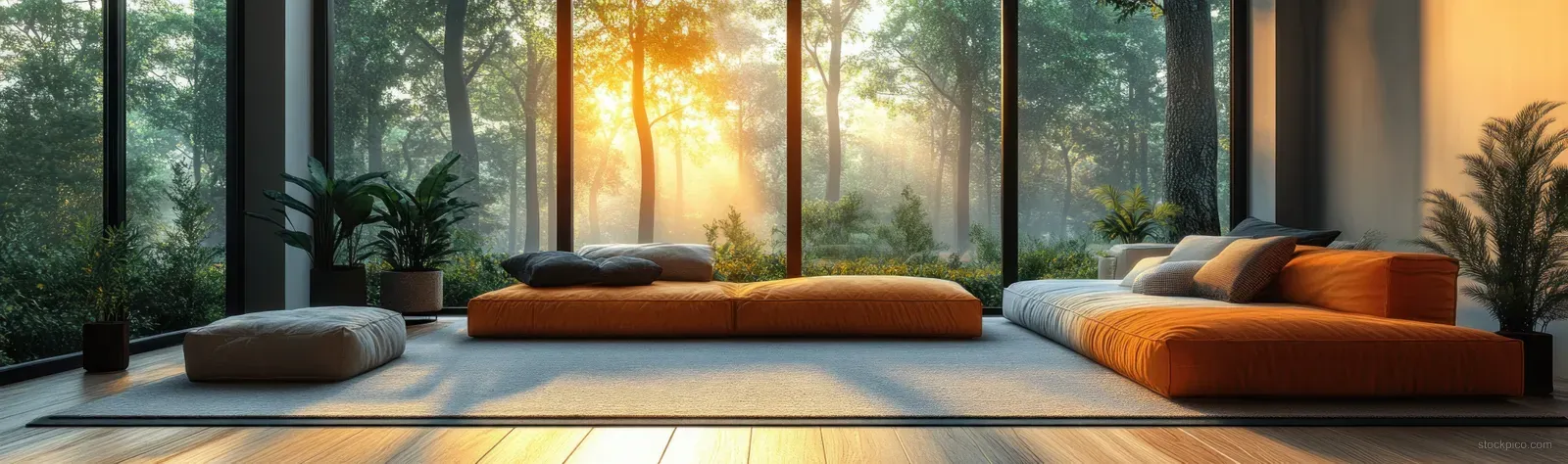 Scandinavian living room with a sofa and cushions, warm wooden floor, and golden-hour light streaming through large windows.